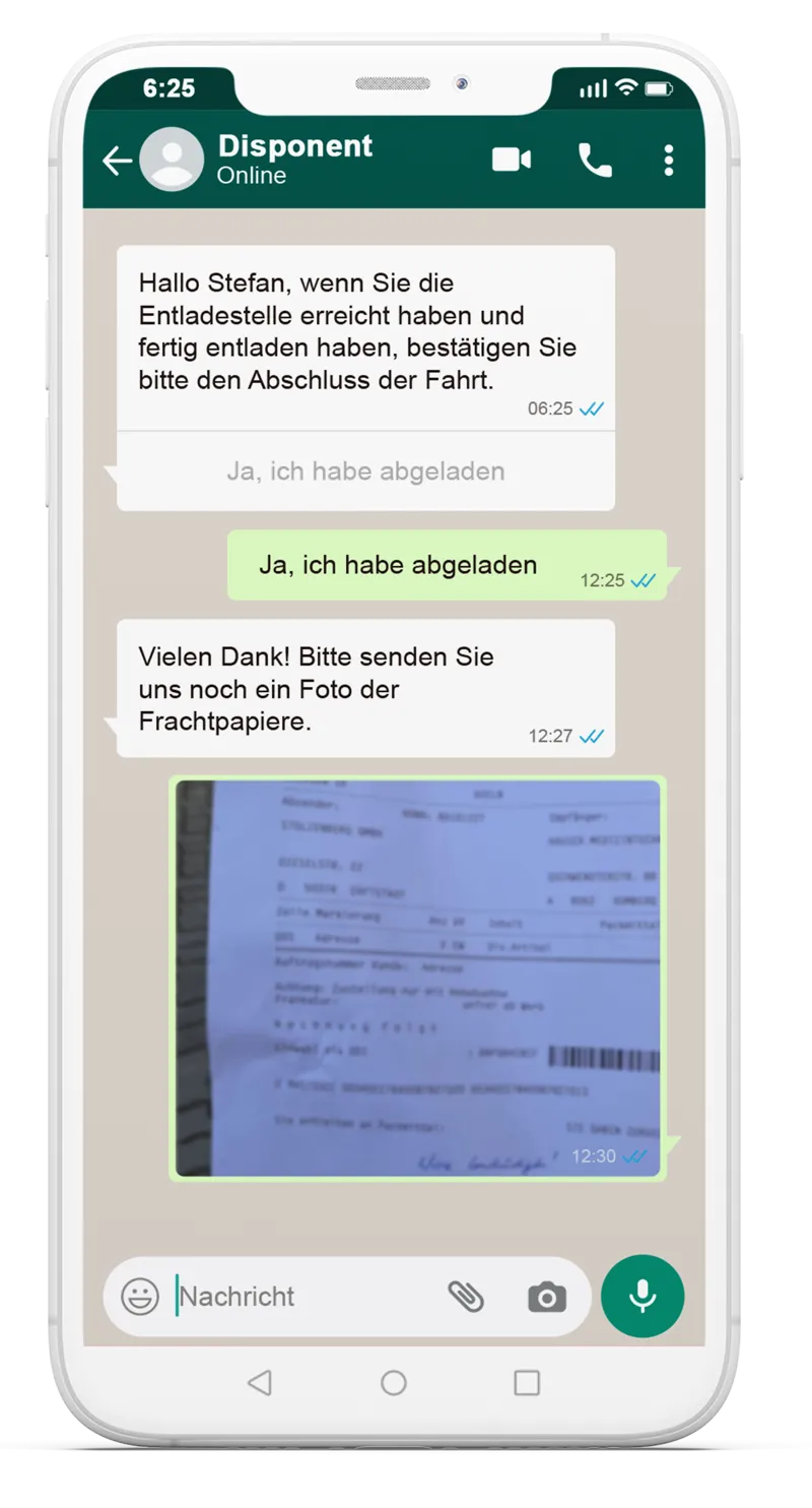 WhatsApp chat on a smartphone: the dispatcher asks the driver to confirm unloading, the driver replies and sends a photo of the freight papers