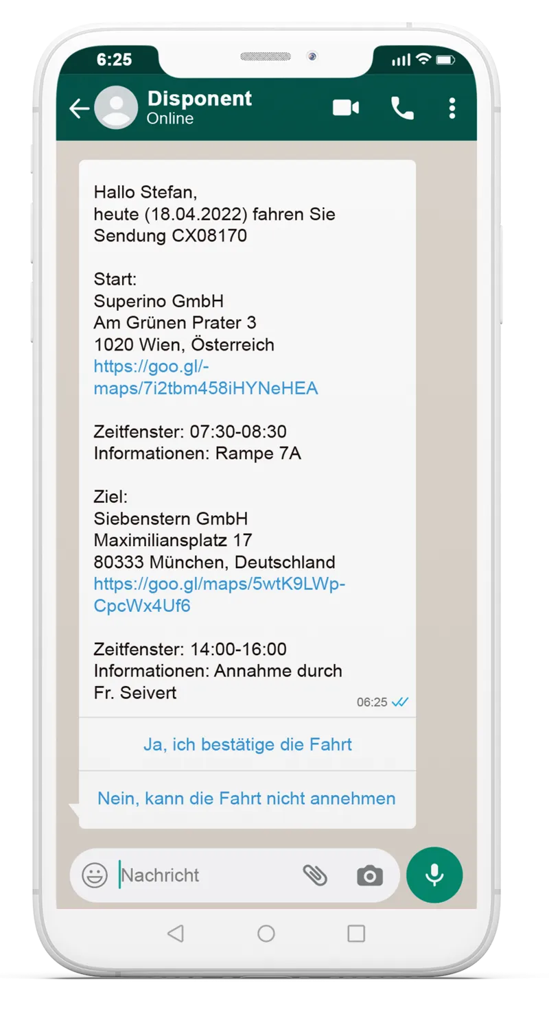 WhatsApp chat on a smartphone: the dispatcher sends a tour with an origin in Vienna, a destination in Munich and time windows, followed by buttons to accept or decline the trip